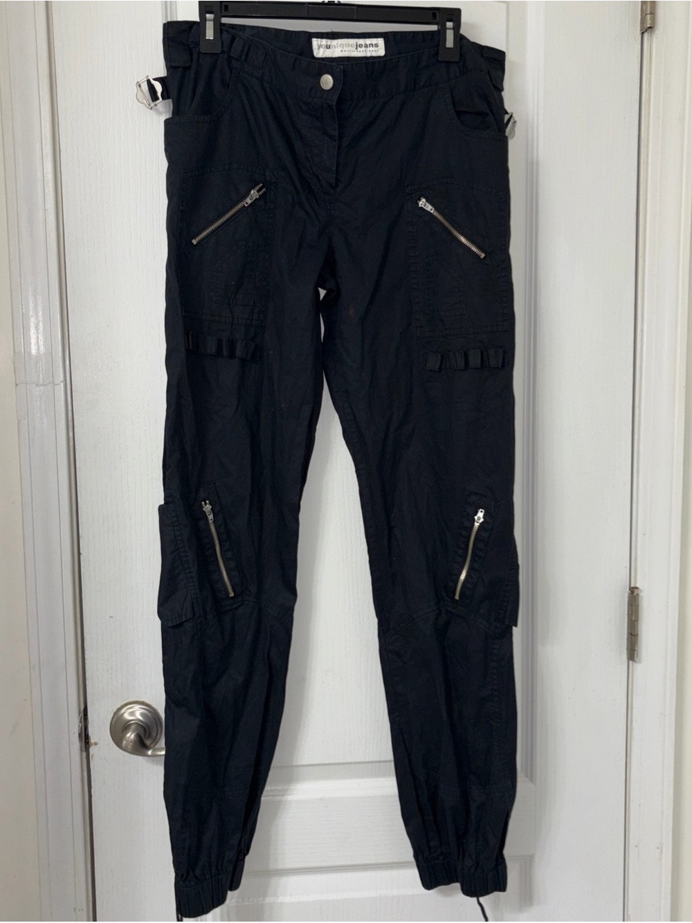 Y2K Younique Jeans Multifunktional Black Goth Cargo Pants Silver Zippers Size 13